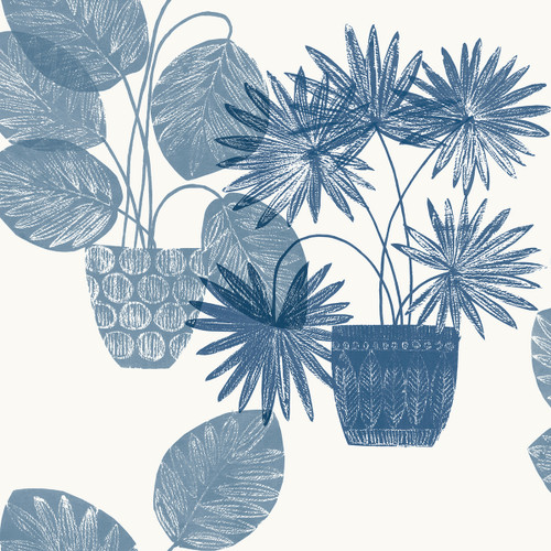 4014-87559 Aida Blue Potted Plant Botanical Wallpaper Non Woven Blend Unpasted Wall Covering Seychelles Collection from A-Street Prints by Brewster Made in Great Britain