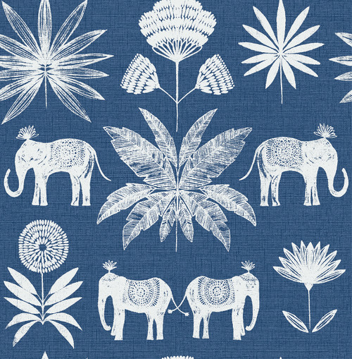 4014-26436 Bazaar Blue Elephant Oasis Animals Wallpaper Non Woven Unpasted Wall Covering Seychelles Collection from A-Street Prints by Brewster Made in Great Britain