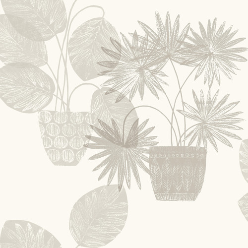 4014-87555 Aida Light Gray Off White Potted Plant Botanical Wallpaper Non Woven Blend Unpasted Wall Covering Seychelles Collection from A-Street Prints by Brewster Made in Great Britain