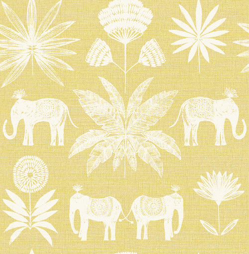 4014-26434 Bazaar Yellow Elephant Oasis Animals Wallpaper Non Woven Unpasted Wall Covering Seychelles Collection from A-Street Prints by Brewster Made in Great Britain