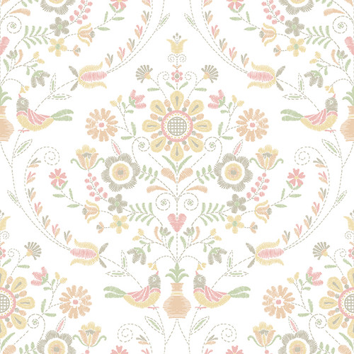 4066-26514 Britt Peach Embroidered Damask Wallpaper Farmhouse Style Non Woven Unpasted Wall Covering Hannah Collection from A-Street Prints by Brewster made in Great Britain