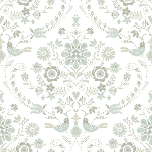 4066-26513 Britt Neutral Embroidered Damask Wallpaper Farmhouse Style Non Woven Unpasted Wall Covering Hannah Collection from A-Street Prints by Brewster made in Great Britain