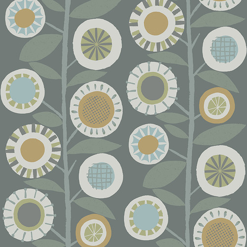 4066-26553 Sisu Grey Floral Geometric Wallpaper Retro Style Non Woven Unpasted Wall Covering Hannah Collection from A-Street Prints by Brewster made in Great Britain