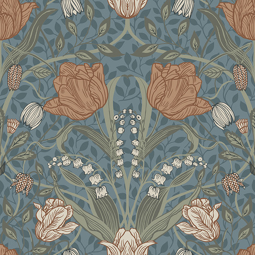 4080-33009 Fillippa Blue Tulip Scandinavian Style Wallpaper Non Woven Unpasted Wall Covering Ingrid Collection from A-Street Prints by Brewster Made in Sweden