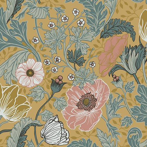 4080-33002 Anemone Mustard Yellow Floral Bohemian Style Wallpaper Non Woven Unpasted Wall Covering Ingrid Collection from A-Street Prints by Brewster Made in Sweden