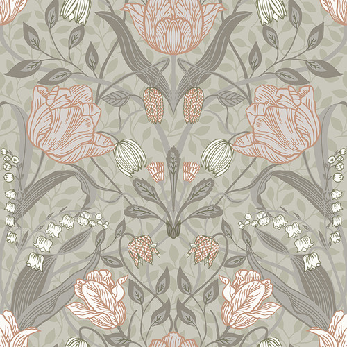 4080-44105 Filippa Beige Pink Gray Tulip Scandinavian Style Wallpaper Non Woven Unpasted Wall Covering Ingrid Collection from A-Street Prints by Brewster Made in Sweden