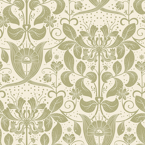 4080-83127 Berit Cream Olive Green Floral Crest Bohemian Style Wallpaper Non Woven Unpasted Wall Covering Ingrid Collection from A-Street Prints by Brewster Made in Sweden