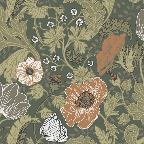 4080-44104 Anemone Dark Green Coral Floral Bohemian Style Wallpaper Non Woven Unpasted Wall Covering Ingrid Collection from A-Street Prints by Brewster Made in Sweden