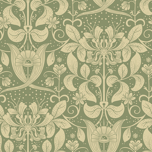 4080-83126 Berit Green Butter Floral Crest Bohemian Style Wallpaper Non Woven Unpasted Wall Covering Ingrid Collection from A-Street Prints by Brewster Made in Sweden