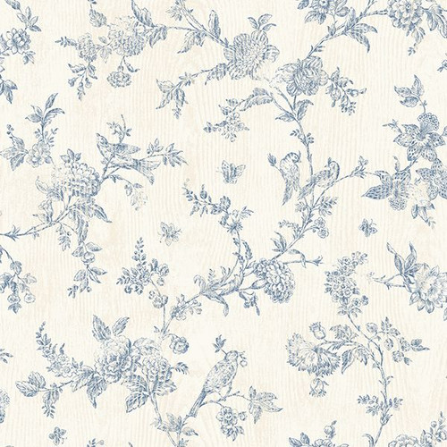 3119-02192 French Nightingale Blue Floral Scroll Wallpaper Vintage Style Prepasted Non Woven Blend Wall Covering Kindred Collection from Chesapeake by Brewster Made in United States