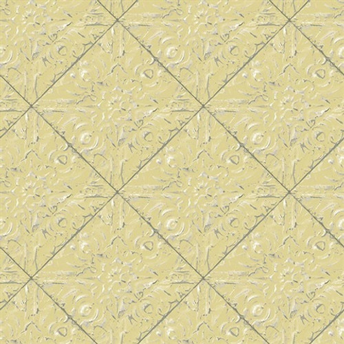 3119-13093 Brandi Yellow Metallic Faux Tile Wallpaper Vintage Style Prepasted Non Woven Blend Wall Covering Kindred Collection from Chesapeake by Brewster Made in United States