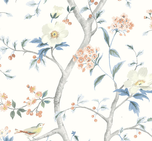 LN21301 Floral Trail Melon Carolina Blue Wallpaper Traditional Style Self-Adhesive Vinyl Wall Covering from Lillian August Made in United States