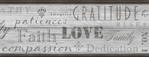 GB4033 Farmhouse Values Typography Inspirational Words Distressed Wood Peel and Stick Wallpaper Border 10in Height x 15ft Soft Gray by Grace & Gardenia Designs