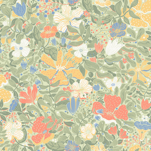 4111-63018 Midsommar Sage Floral Medley Wallpaper Scandinavian Style Unpasted Non Woven Wall Covering Briony Collection from A-Street Prints by Brewster Made in Sweden