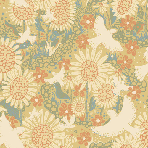 4111-63008 Drömma Coral Songbirds and Sunflowers Wallpaper Whimsical Style Unpasted Non Woven Wall Covering Briony Collection from A-Street Prints by Brewster Made in Sweden