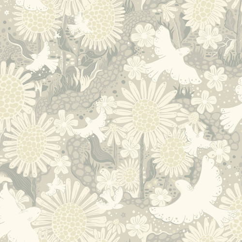 4111-63011 Drömma Light Grey Songbirds and Sunflowers Wallpaper Whimsical Style Unpasted Non Woven Wall Covering Briony Collection from A-Street Prints by Brewster Made in Sweden