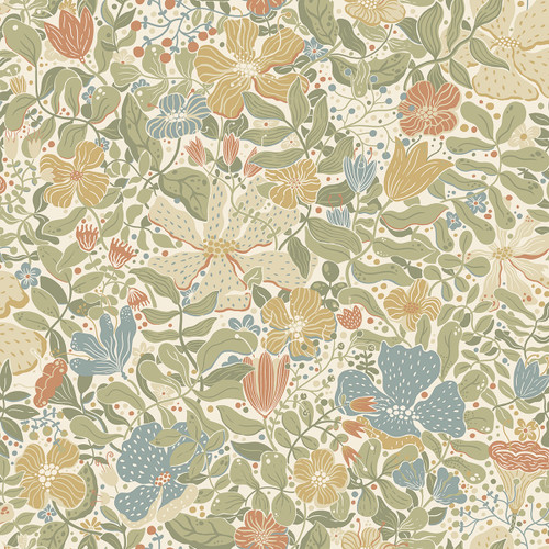 4111-63017 Midsommar Light Green Floral Medley Wallpaper Scandinavian Style Unpasted Non Woven Wall Covering Briony Collection from A-Street Prints by Brewster Made in Sweden