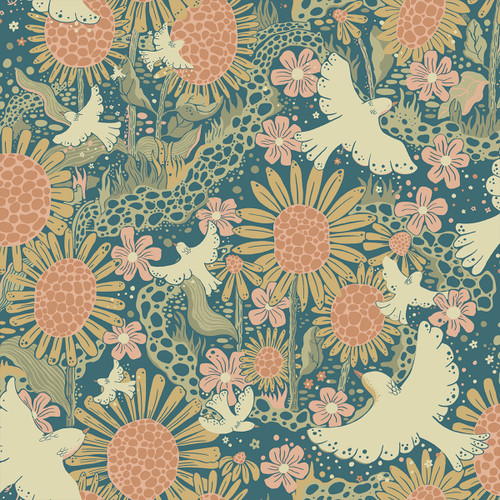 4111-63007 Drömma Teal Songbirds and Sunflowers Wallpaper Whimsical Style Unpasted Non Woven Wall Covering Briony Collection from A-Street Prints by Brewster Made in Sweden
