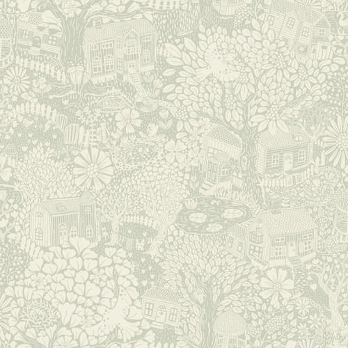 4111-63004 Bygga Bo Seafoam Woodland Village Wallpaper Whimsical Style Unpasted Non Woven Wall Covering Briony Collection from A-Street Prints by Brewster Made in Sweden