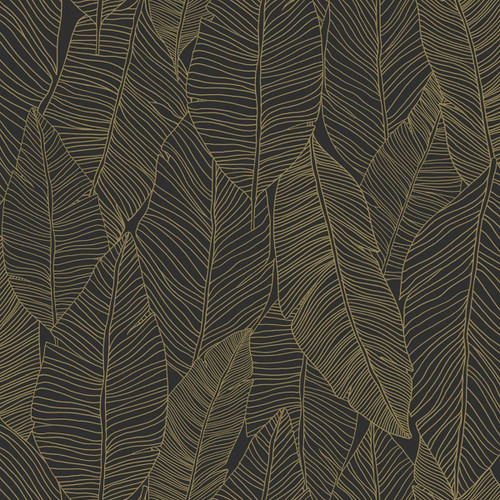 DD139126 Canales Black Gold Inked Leaves Wallpaper Modern Style Unpasted Non Woven Wall Covering Design Department Collection from ESTA Home by Brewster Made in Netherlands