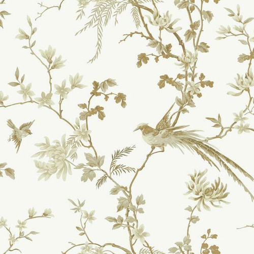 KT2174 Bird And Blossom Chinoserie Gold Off White Botanical Theme Unpasted Non Woven Wallpaper from Ronald Reddings 24 Karat Made in United States