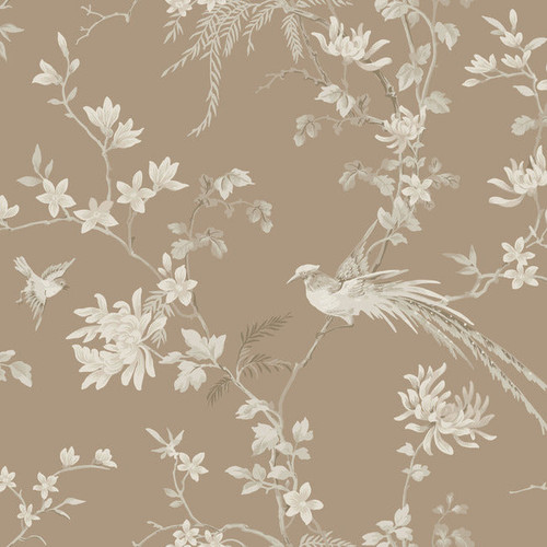 KT2172 Bird And Blossom Chinoserie Glint Brown Off White Botanical Theme Unpasted Non Woven Wallpaper from Ronald Reddings 24 Karat Made in United States