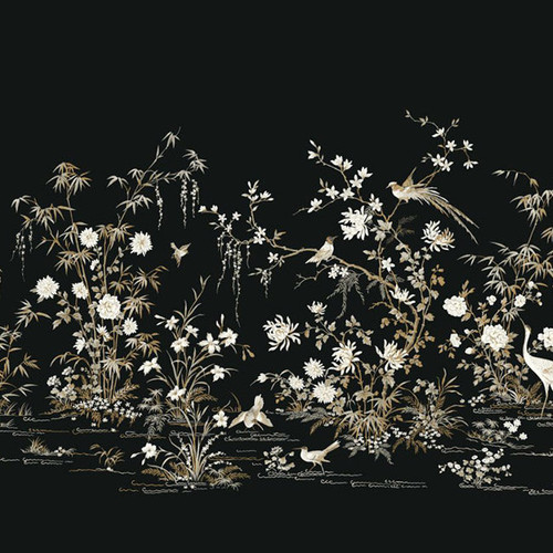 KT2264M Flowering Vine Chinoiserie Mural Black Off White Brown Botanical Theme Unpasted Paper from Ronald Reddings 24 Karat Made in United States