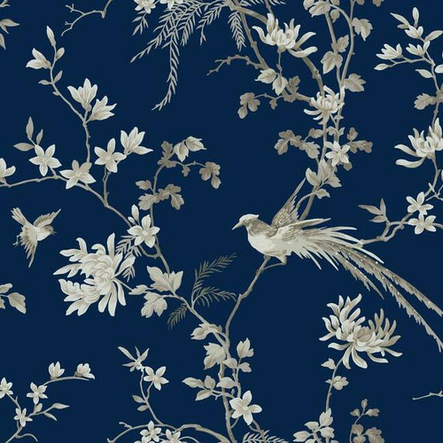 KT2171 Bird And Blossom Chinoserie Blue Off White Botanical Theme Unpasted Non Woven Wallpaper from Ronald Reddings 24 Karat Made in United States