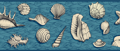 GB10022 Seashells On Waves Nautical Peel and Stick Wallpaper Border 10inX15ft Dark Blue Gray