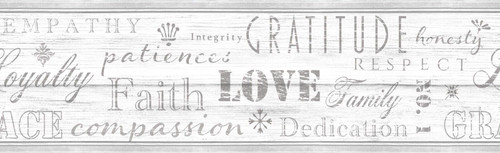 GB4034g8 Distressed Wood Peel and Stick Wallpaper Border Farmhouse Values Typography Inspirational Words 8inX15ft Soft Off White Cream