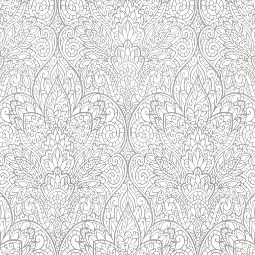DT5011 Paradise Bright Off White Silver Unpasted Non Woven Damask Wallpaper from Candice Olsen After Eight Collection Made in United States