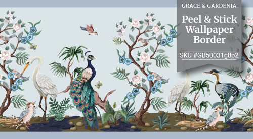 Pack of two GB50031g8p2 Chinoiserie Herons Peel and Stick Wallpaper Border in Blue Green Off White with Pro Squeegee Made in USA Grace and Gardenia Designs