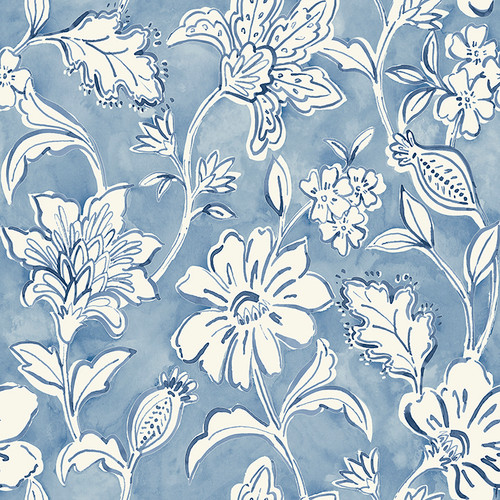 4071-71040 Plumeria Floral Trail Blue Botanical Theme Prepasted Sure Strip Wallpaper from Blue Heron by Chesapeake Made in United States
