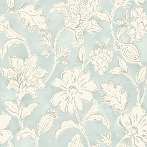 4071-71038 Plumeria Floral Trail Aqua Blue Botanical Theme Prepasted Sure Strip Wallpaper from Blue Heron by Chesapeake Made in United States