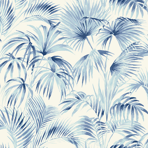 4071-71016 Manaus Palm Frond Blue Botanical Theme Prepasted Sure Strip Wallpaper from Blue Heron by Chesapeake Made in United States