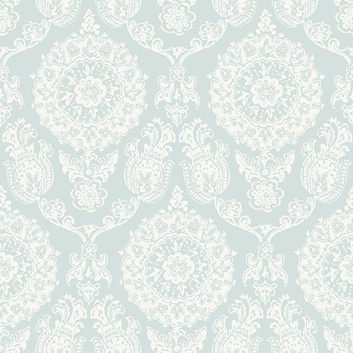 4071-71023 Helm Damask Floral Medallion Aqua Blue Graphics Theme Prepasted Sure Strip Wallpaper from Blue Heron by Chesapeake Made in United States