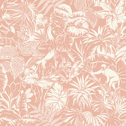 4071-71010 Corcovado Jungle Jamboree Coral Pink Animals Theme Prepasted Sure Strip Wallpaper from Blue Heron by Chesapeake Made in United States