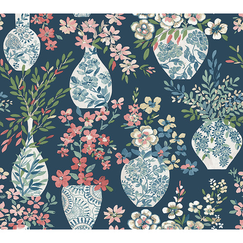4120-72001 Harper Floral Vase Teal Blue Botanical Theme Unpasted Non Woven Wallpaper from Middleton by A-Street Prints Made in United States