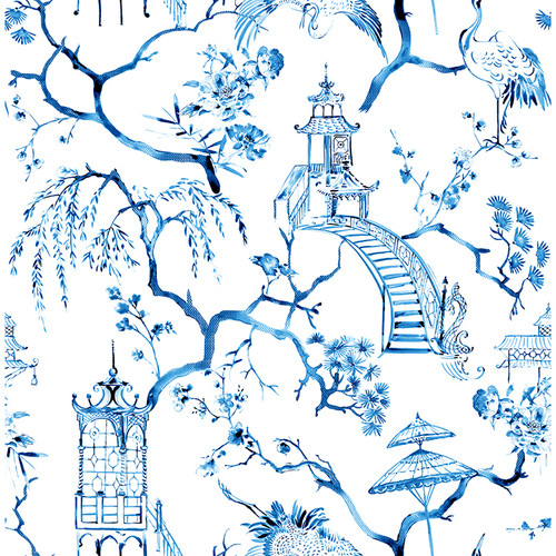 4120-26810 Serena Chinoiserie Blue Animals Theme Unpasted Non Woven Wallpaper from Middleton by A-Street Prints Made in Great Britain