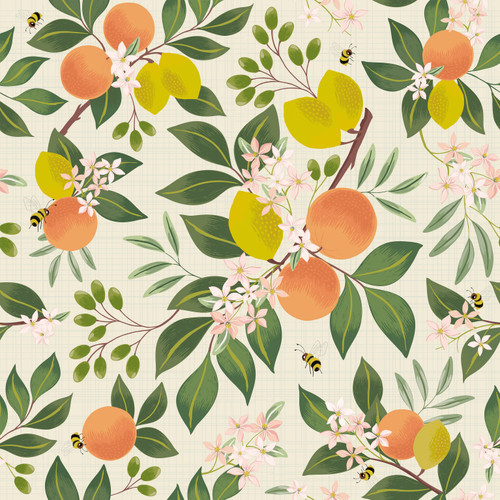 GW5321 Citrus & Bees Olives Flowers on Cream Wallpaper 26 inch wide X 18 feet long  Green Orange Yellow Made in USA Grace and Gardenia Designs