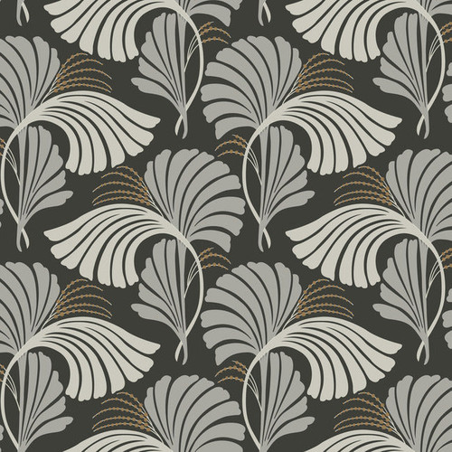 DT5134 Dancing Leaves Black Gray Unpasted Non Woven Botanical Wallpaper from Candice Olsen After Eight Collection Made in United States