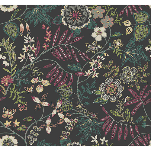 4034-72138 Marilyn Floral Trail Black Multicolor Botanical Theme Non Woven Wallpaper from Scott Living III by A-Street Prints Made in United States