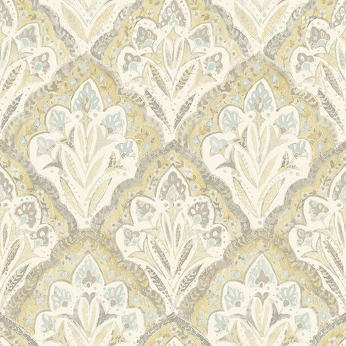 3125-72338 Mimir Quilted Damask Mustard Yellow Botanical Theme Prepasted Sure Strip Wallpaper Kinfolk Collection Made in United States