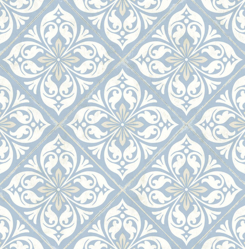 LN11002 Plumosa Tile Carolina Blue and Arrowroot Tile Theme Heavyweight Acrylic Coated Paper (FSC) Unpasted Wallpaper Luxe Retreat Collection Made in United States