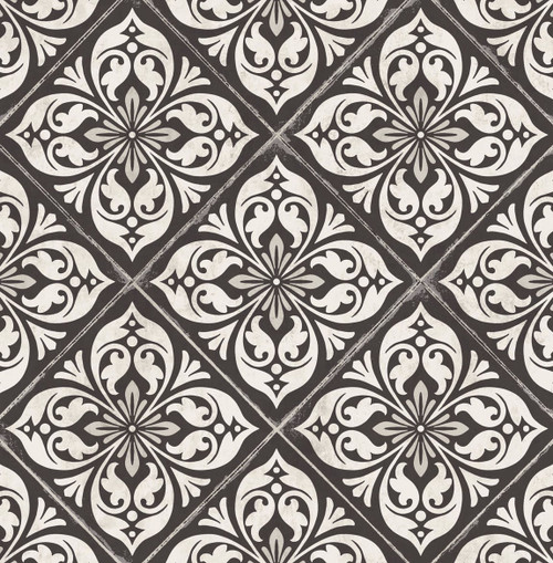 LN11000 Plumosa Tile Ebony and Silver Tile Theme Heavyweight Acrylic Coated Paper (FSC) Unpasted Wallpaper Luxe Retreat Collection Made in United States