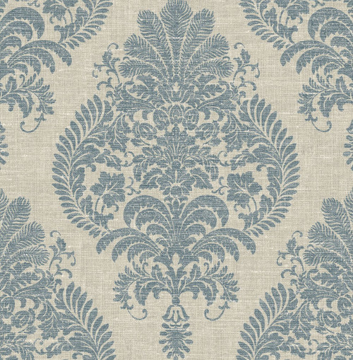 LN10402 Antigua Damask Air Force Blue and Alabaster Damask Theme Heavyweight Acrylic Coated Paper (FSC) Unpasted Wallpaper Luxe Retreat Collection Made in United States