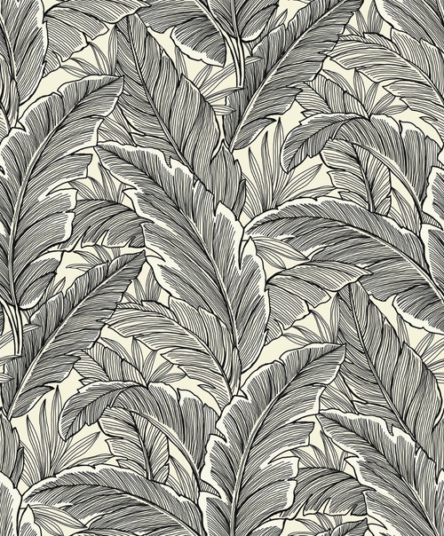 UK10005 Tropical Leaves Pearl & Ebony Botanical Theme Nonwoven Unpasted Wallpaper Black & White Collection Made in Netherlands
