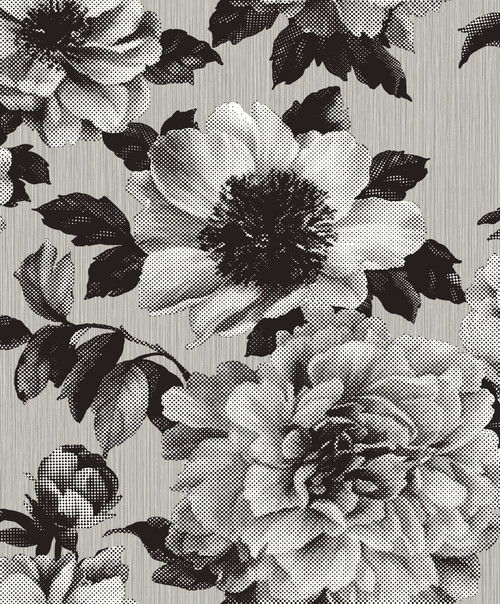 UK11100 Halftone Floral Ebony Floral Theme Nonwoven Unpasted Wallpaper Black & White Collection Made in Netherlands