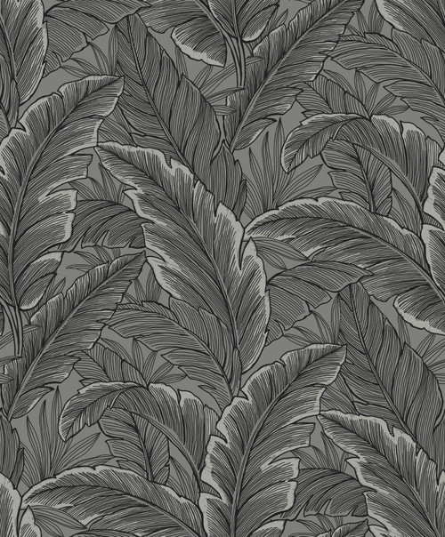 UK10004 Tropical Leaves Silver Botanical Theme Nonwoven Unpasted Wallpaper Black & White Collection Made in Netherlands