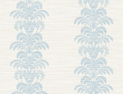 LN10502 Palm Frond Stripe Stringcloth Blue Frost and Bone White Palm Leaf Theme White Yarn on Heavyweight Acrylic Coated Paper (FSC) Unpasted Wallpaper Luxe Retreat Collection Made in United States